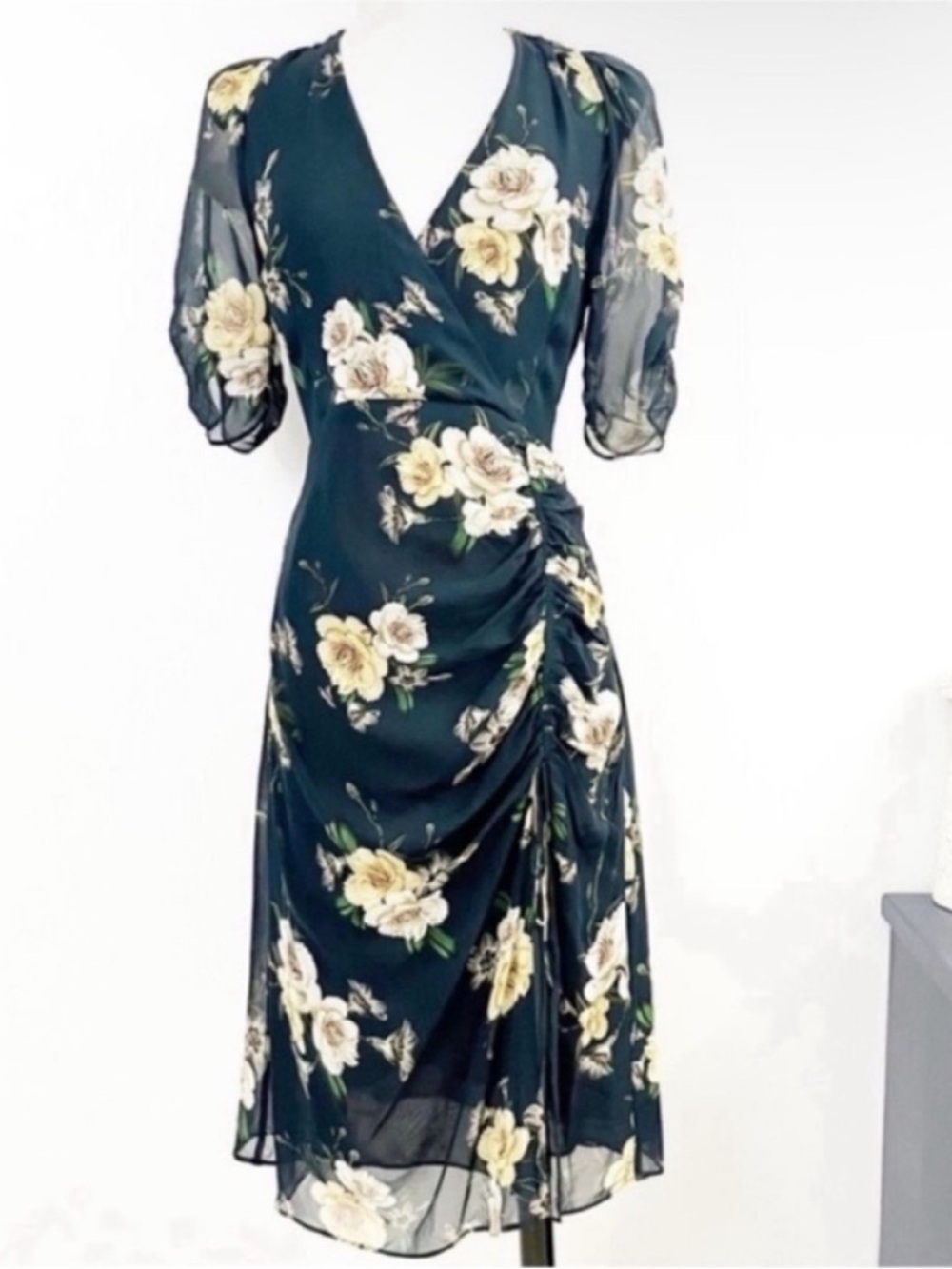NICHOLAS Tea Floral Ruched Wrap Silk Midi Dress - Navy with Cream Roses Size 8